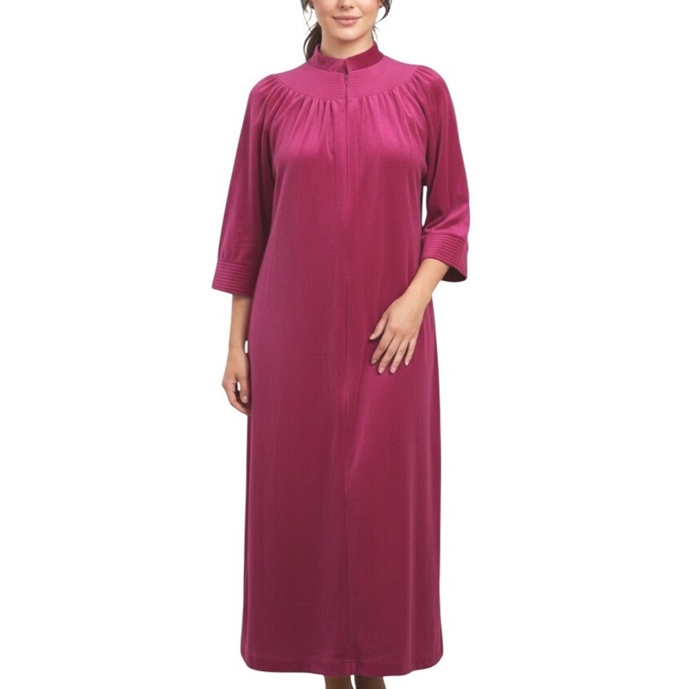 Vtg Lisanne Velour/Velvet Robe FUCHSIA PINK Quilted Yoke 1/2-ZIP w/Pockets sz S